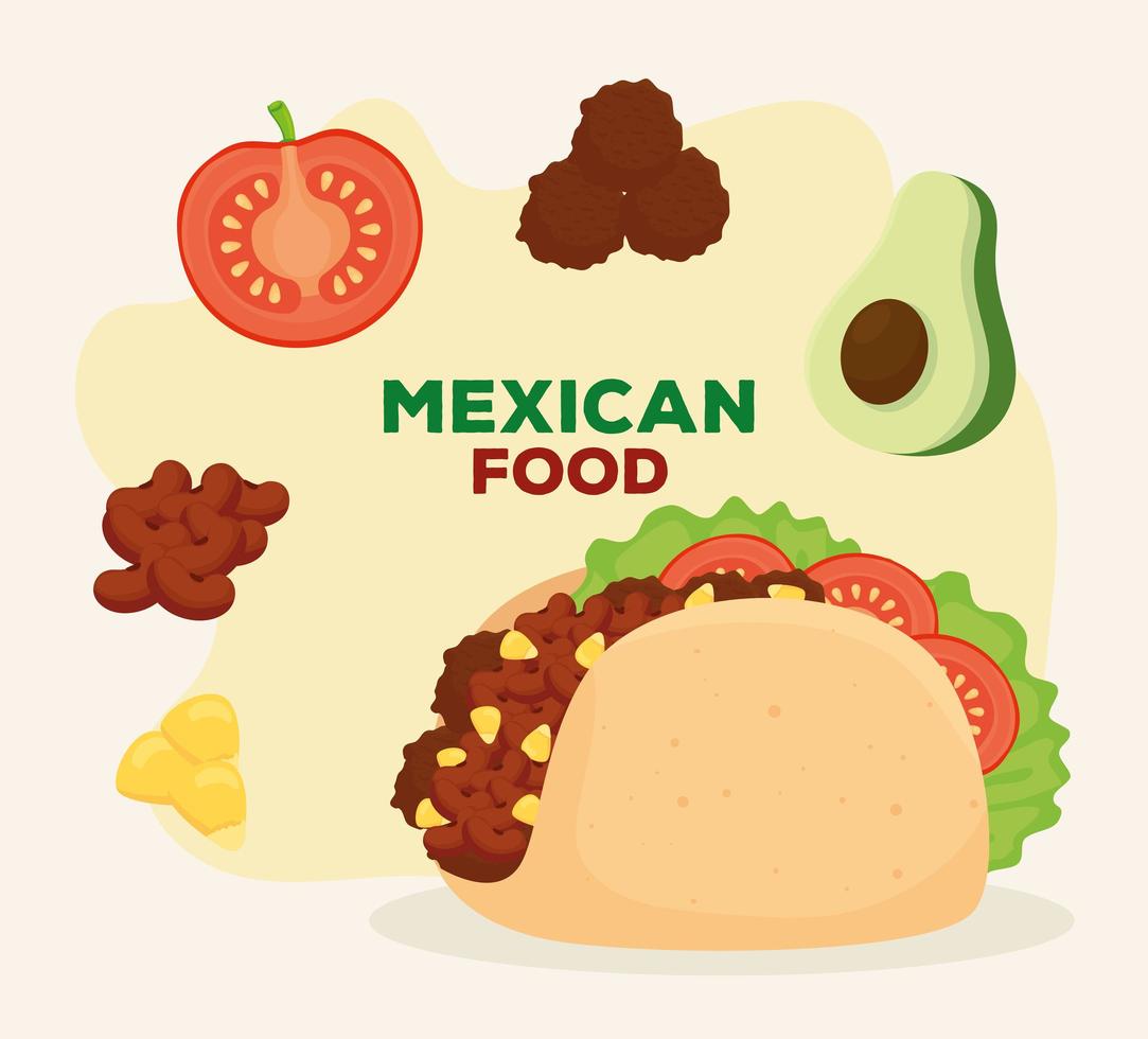 cartel de comida mexicana y taco con deliciosos ingredientes vector