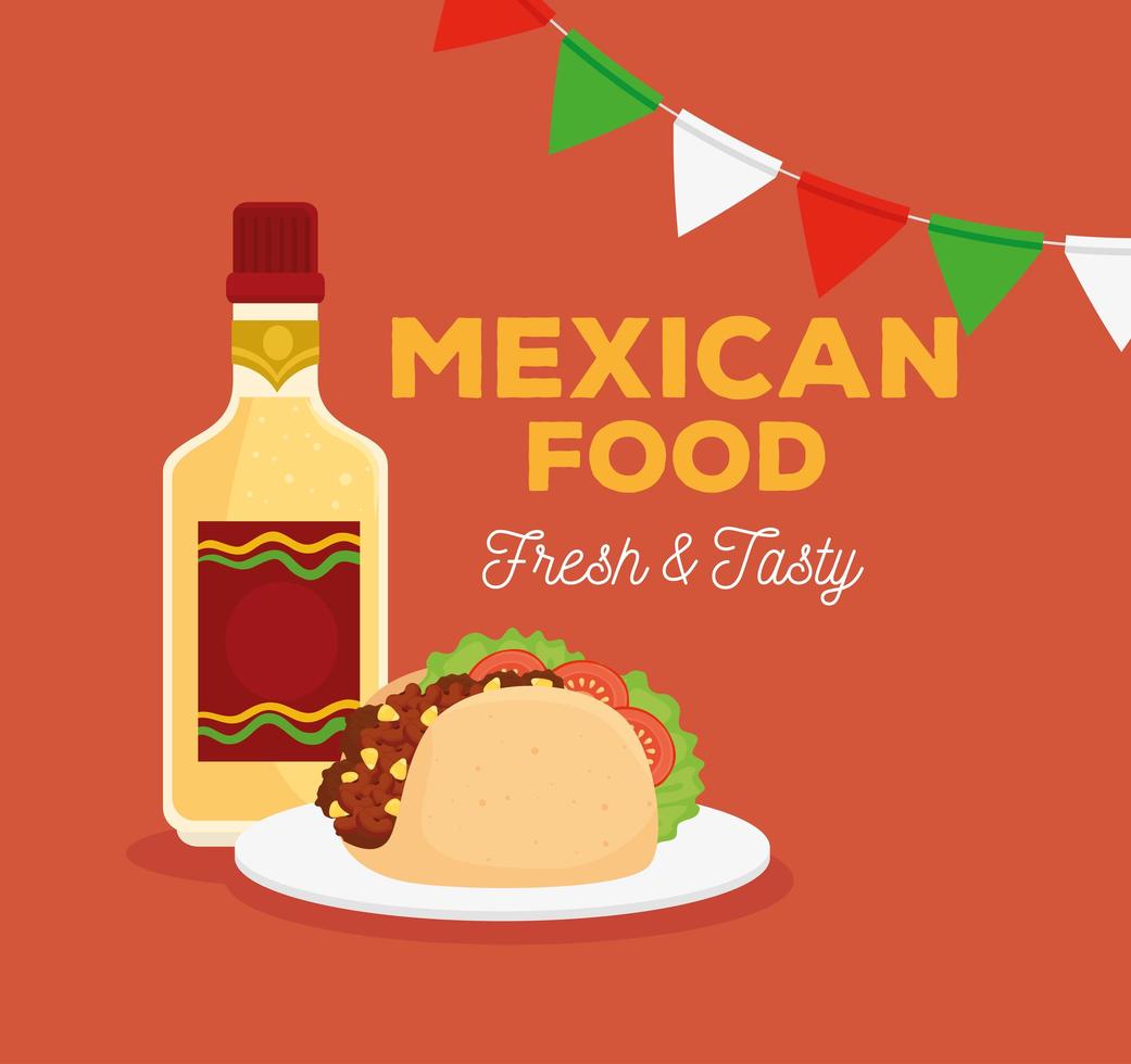 Mexican food poster with taco, tequila bottle and garlands hanging vector