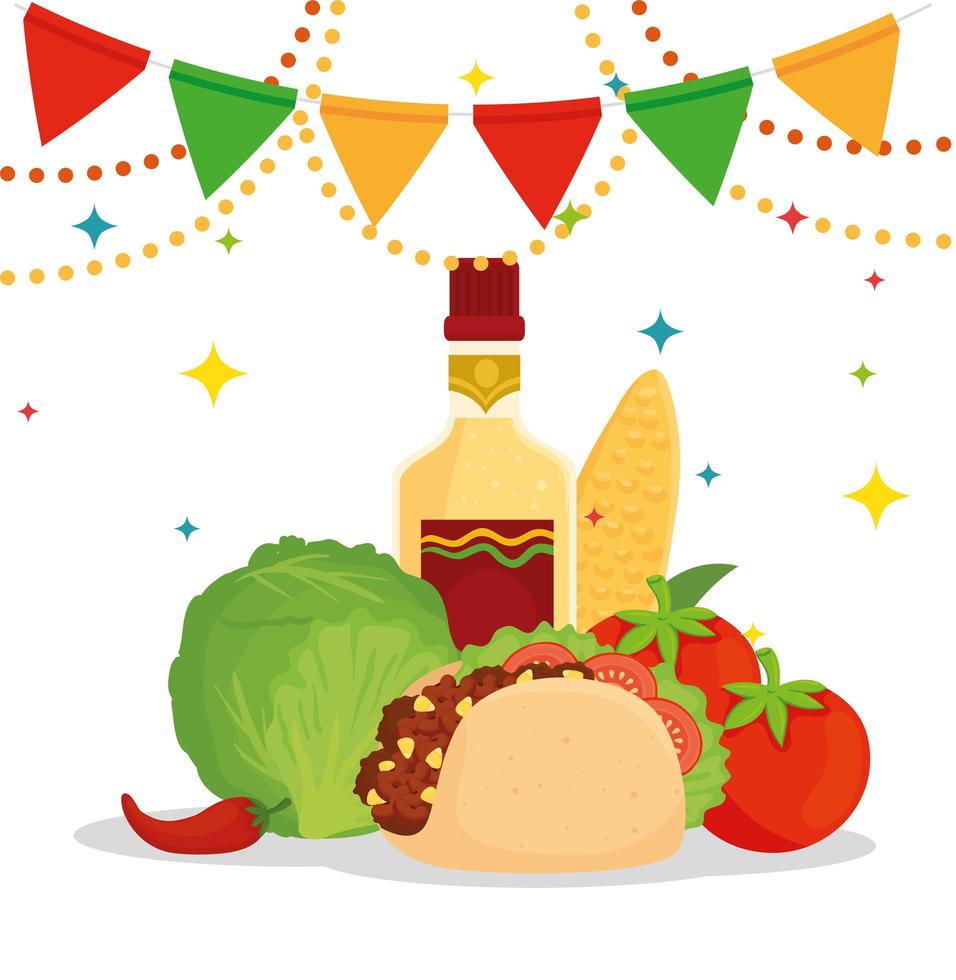 Mexican food poster with taco, vegetables, bottle of tequila and garlands hanging vector