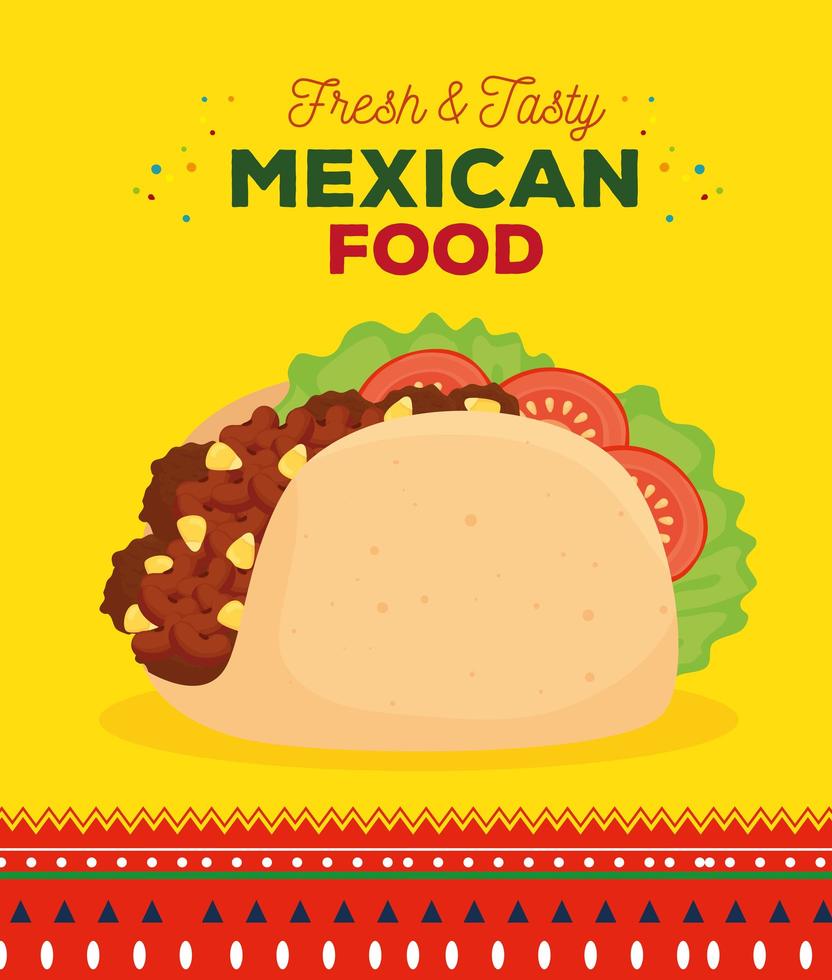 cartel de comida mexicana con taco fresco y sabroso. vector