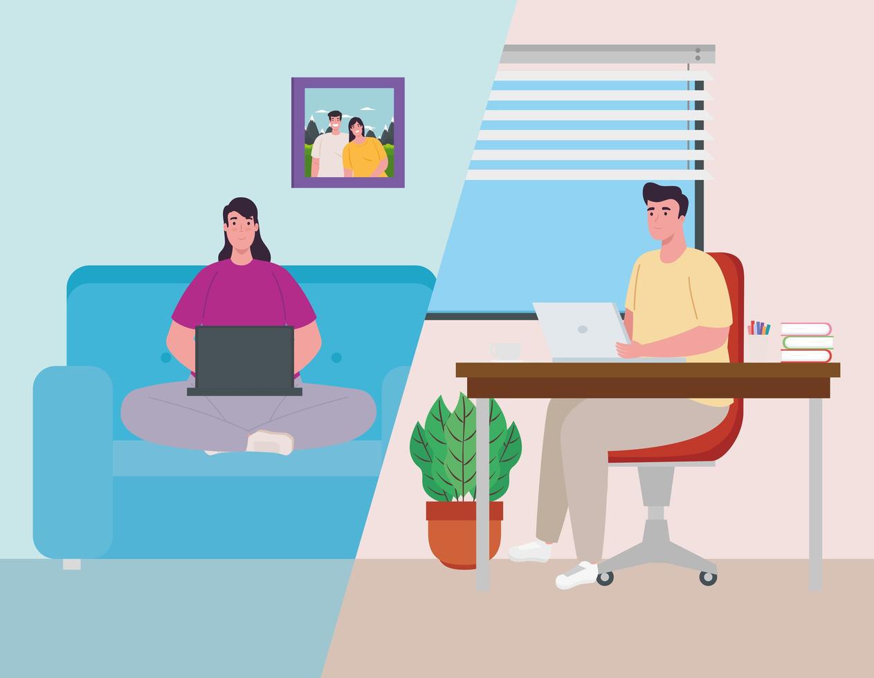 Couple working from home vector