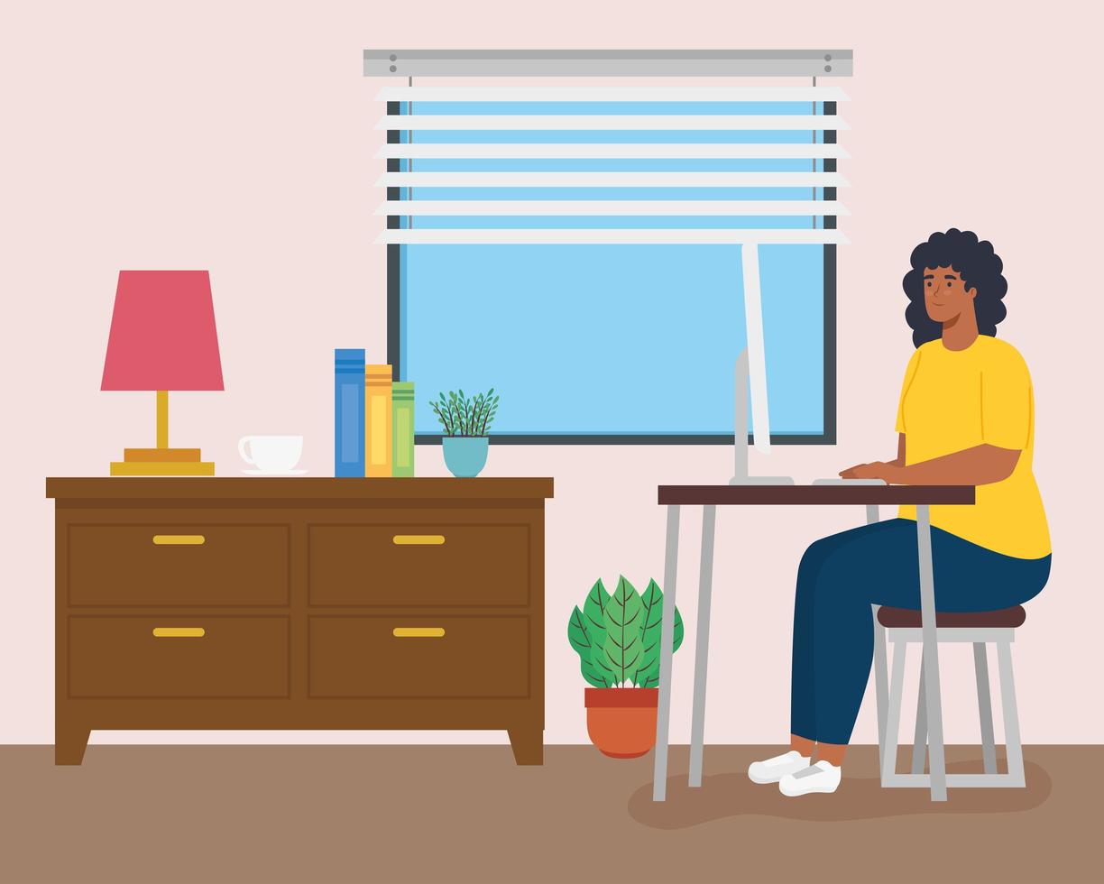 teletrabajo, mujer afro trabajando desde casa vector