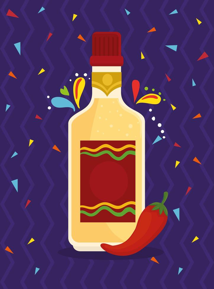 bottle of tequila with chili pepper vector