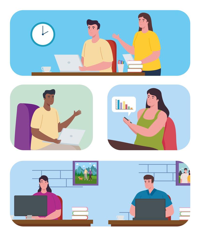 scenes of young people working from home vector