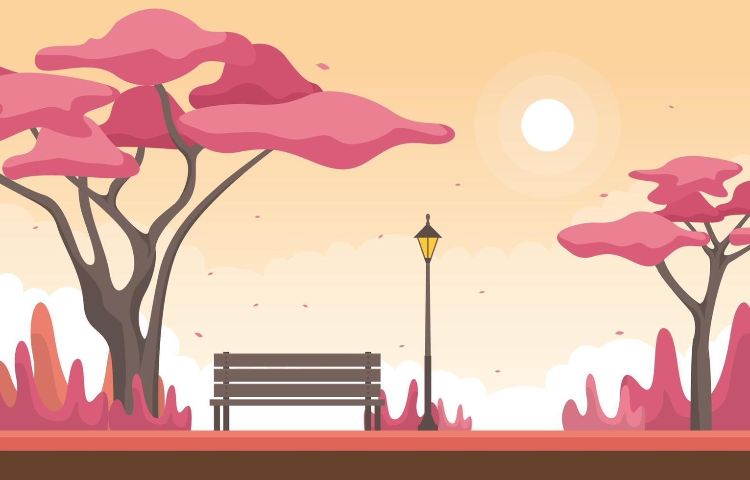 Autumn Scene with Japanese Sakura Trees and Bench vector