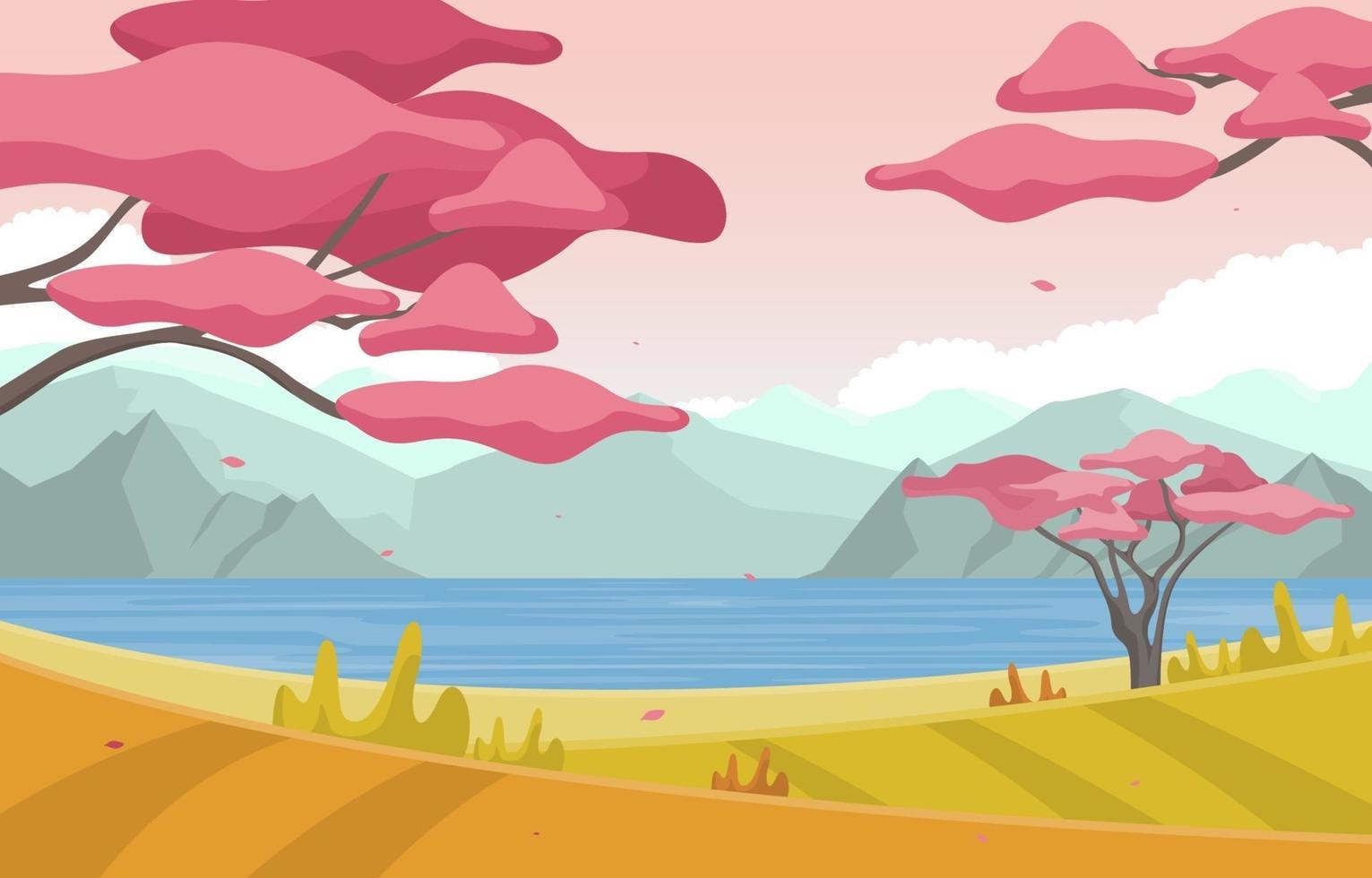 Autumn Scene with Japanese Sakura Trees and Mountains Panoramic Landscape vector