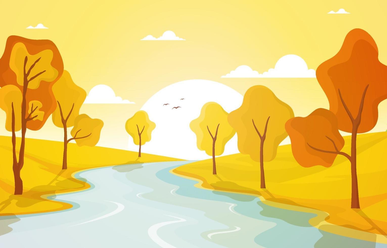 Golden Autumn Scene with Trees, River, and Sun vector