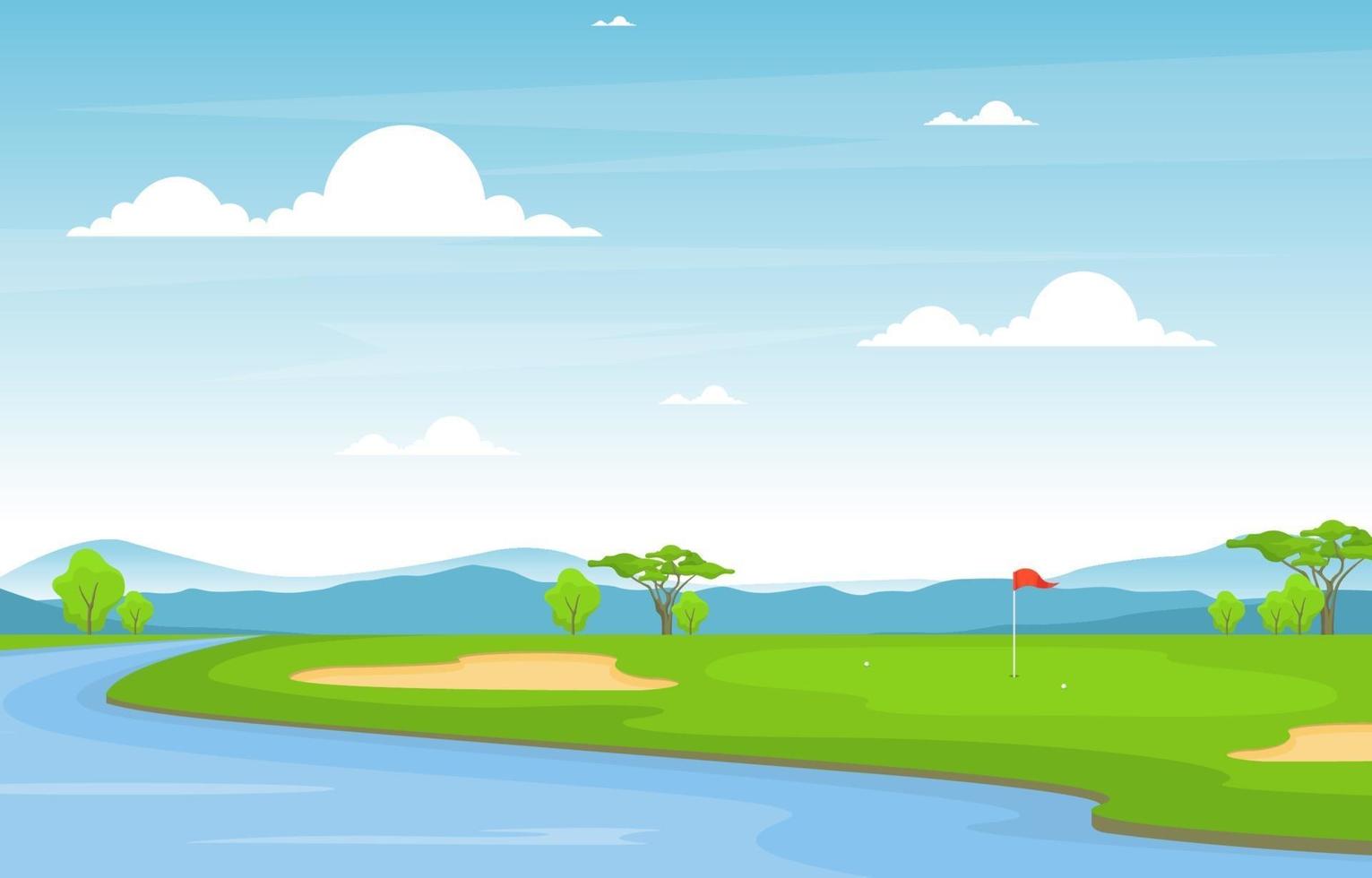 campo de golf con bandera roja, estanque y árboles vector