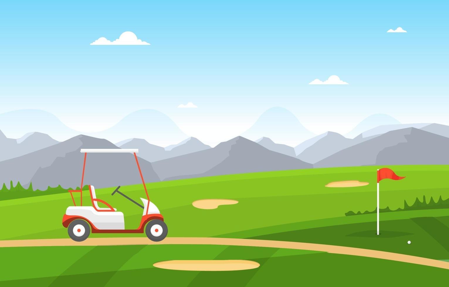 campo de golf con bandera roja, carrito de golf y montañas vector