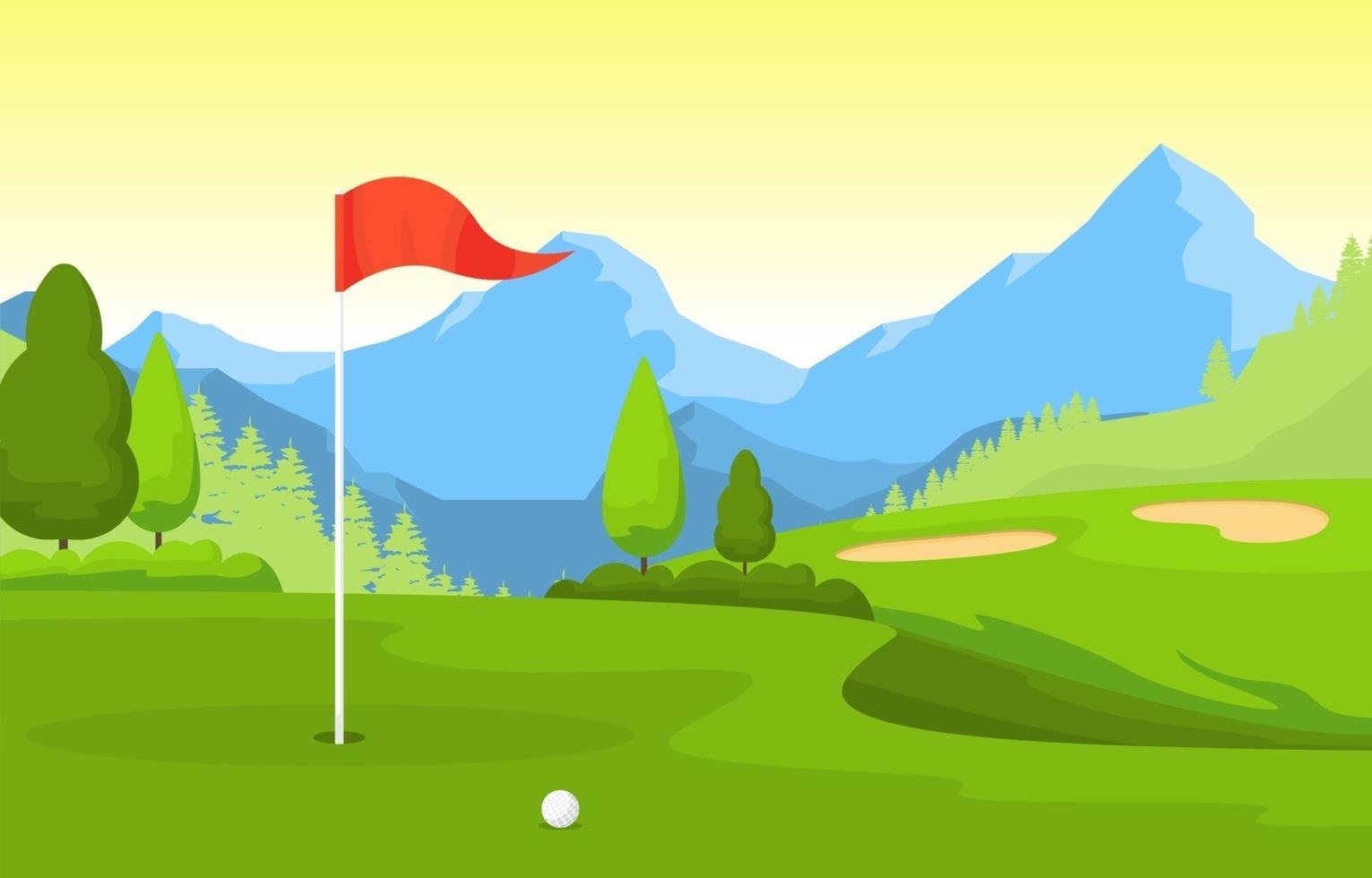 campo de golf con bandera roja, árboles y trampas de arena vector