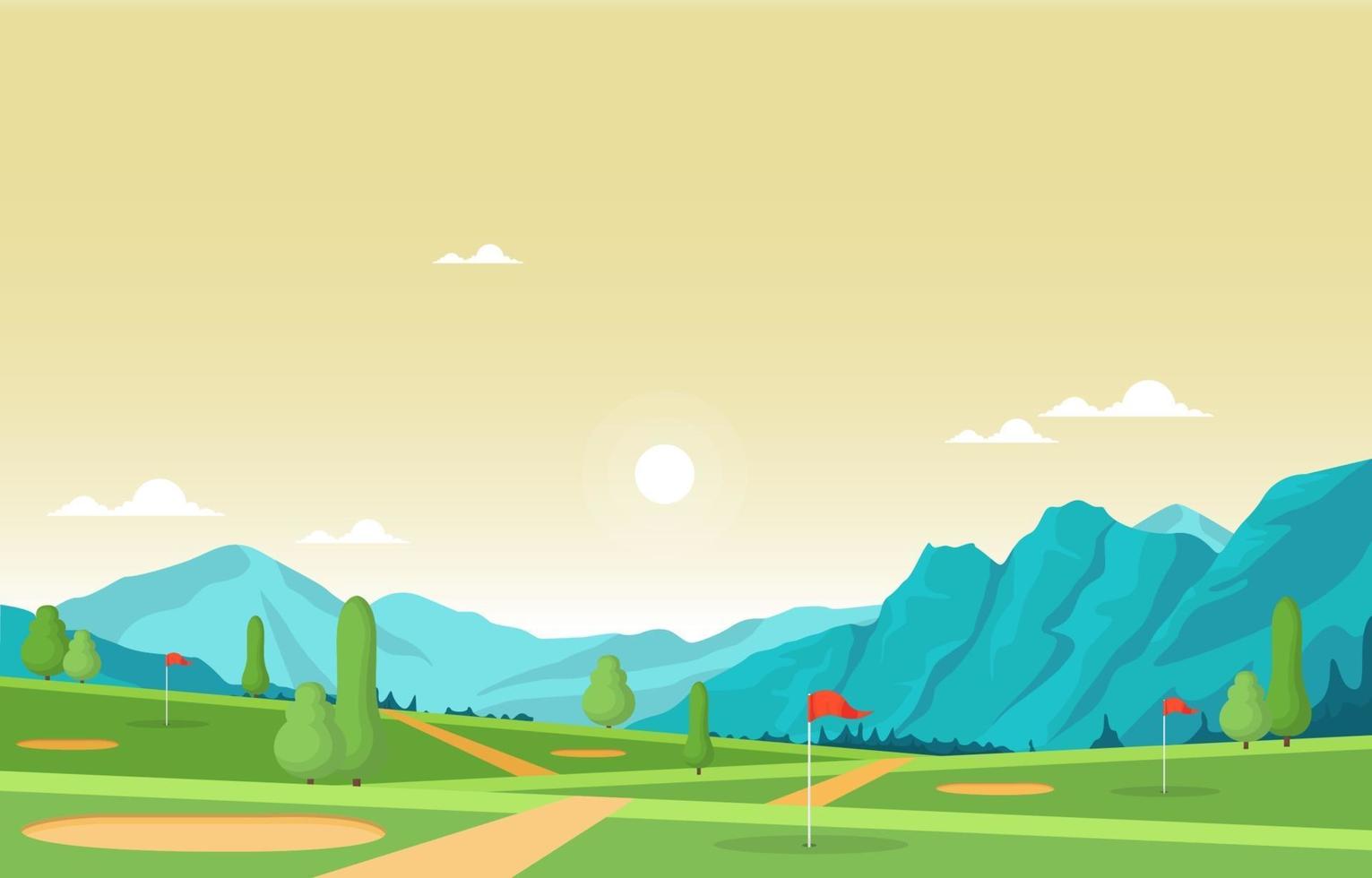 campo de golf con bandera roja, árboles y montañas vector