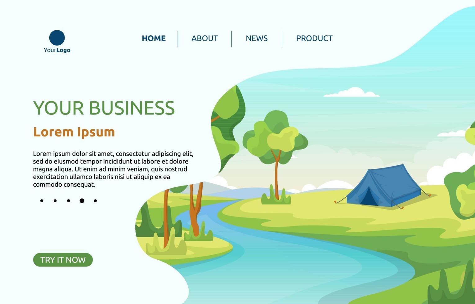 Landing Page with Camping Tent by a River vector