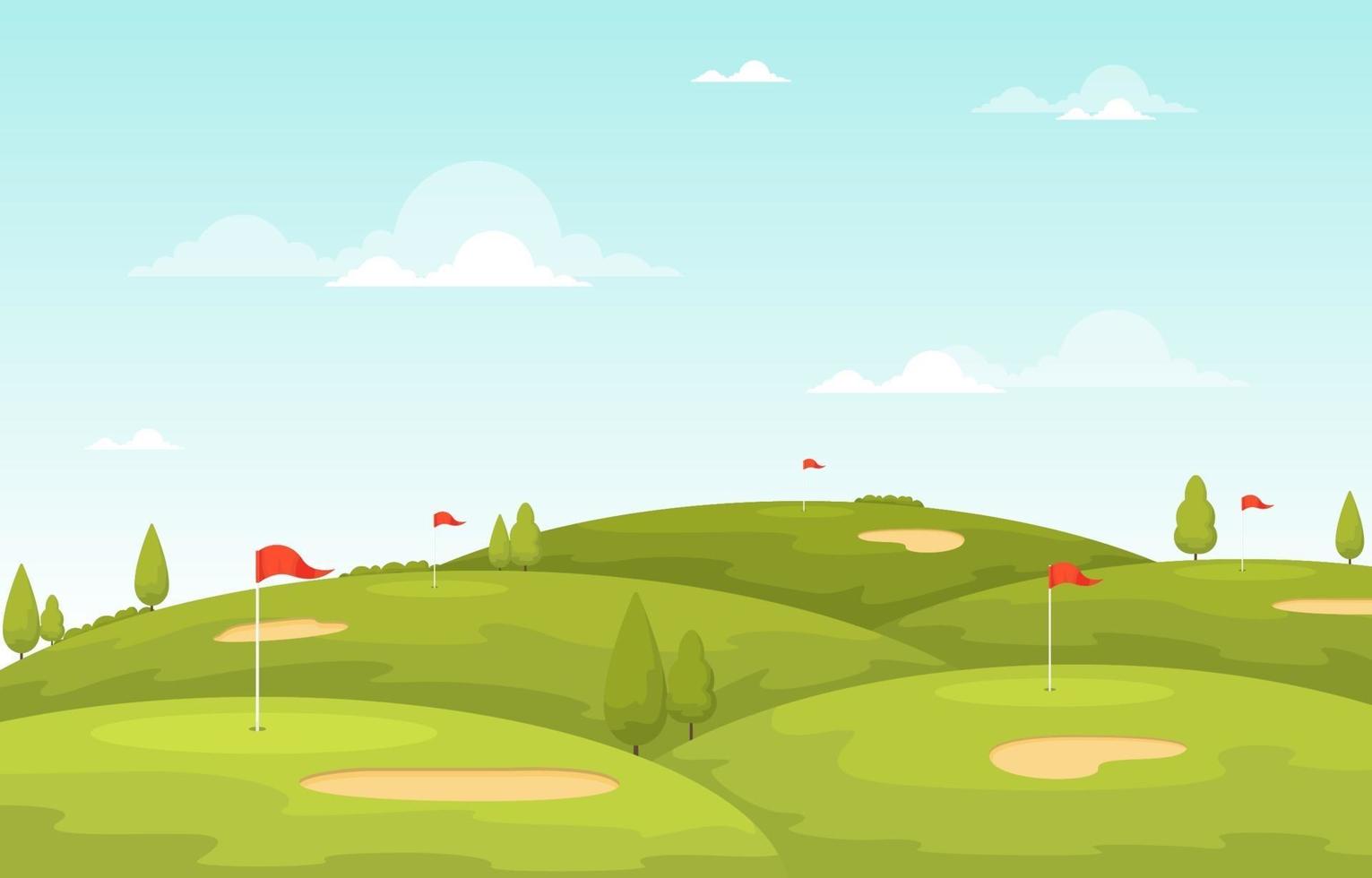 campo de golf con bandera roja, árboles y trampas de arena vector