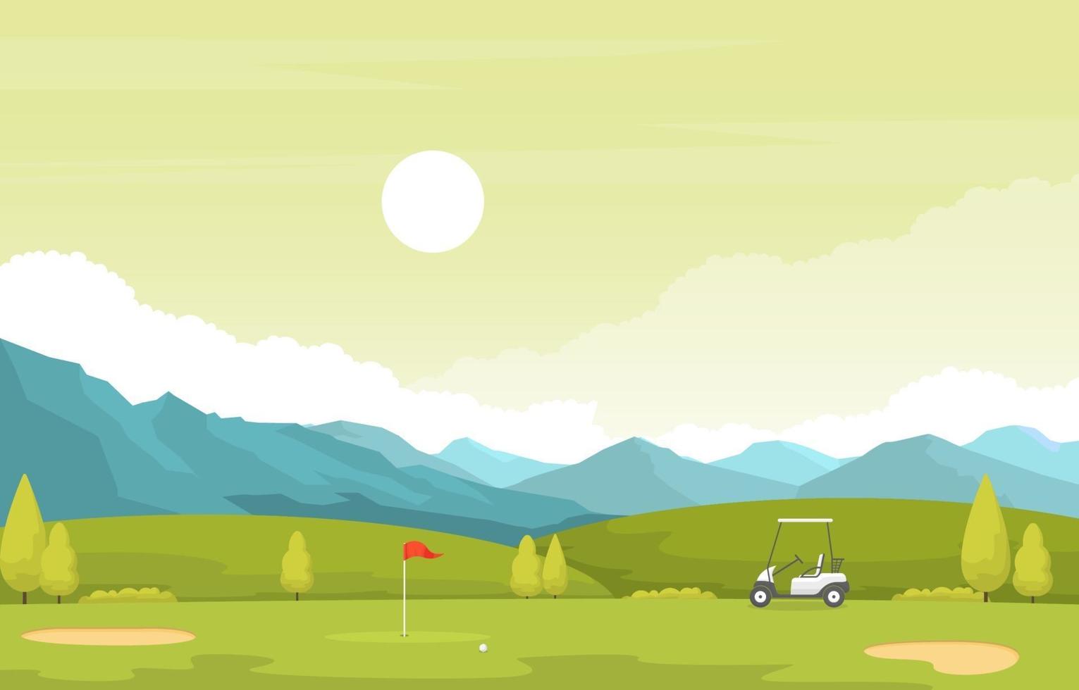 campo de golf con bandera roja, carrito de golf y montañas vector