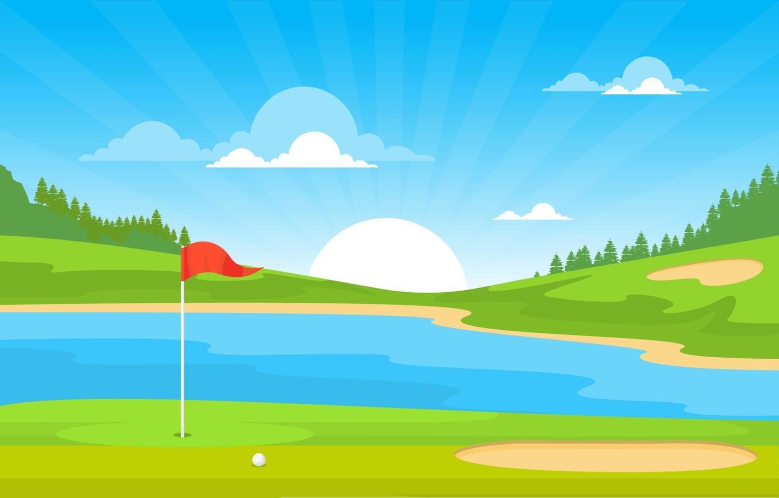 campo de golf con bandera roja, estanque y árboles vector