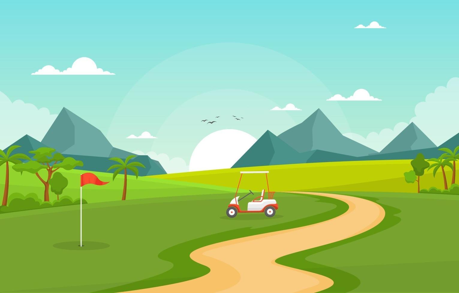 Golf Course with Red Flag, Golf Cart, and Mountains vector