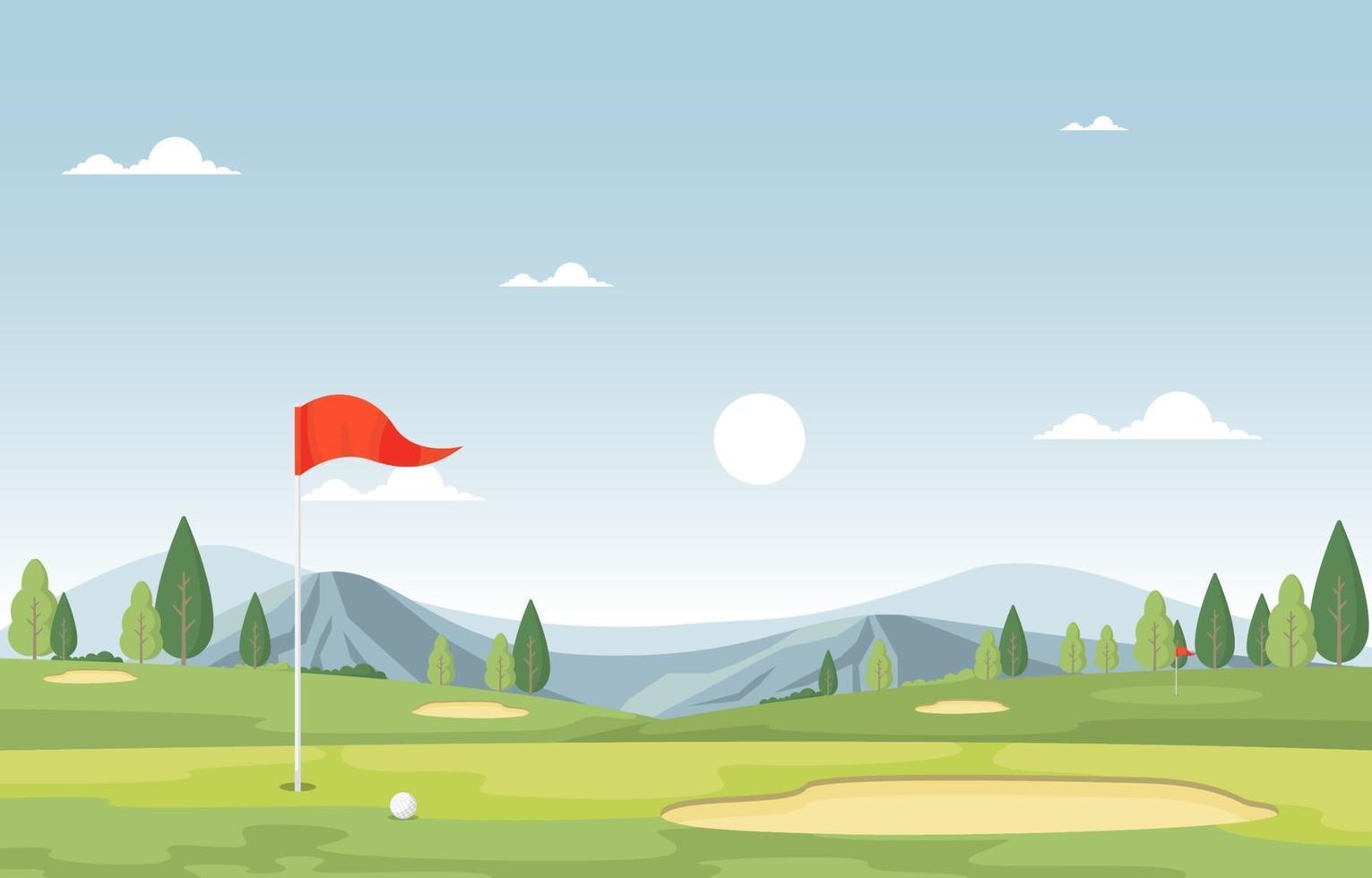 campo de golf con bandera roja, árboles y montañas vector