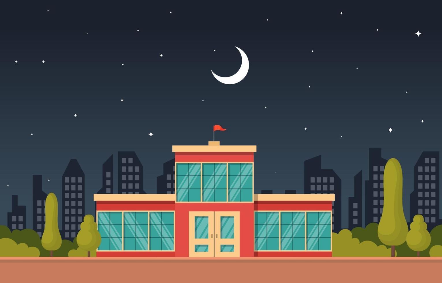 School Building at Night Under Moon vector