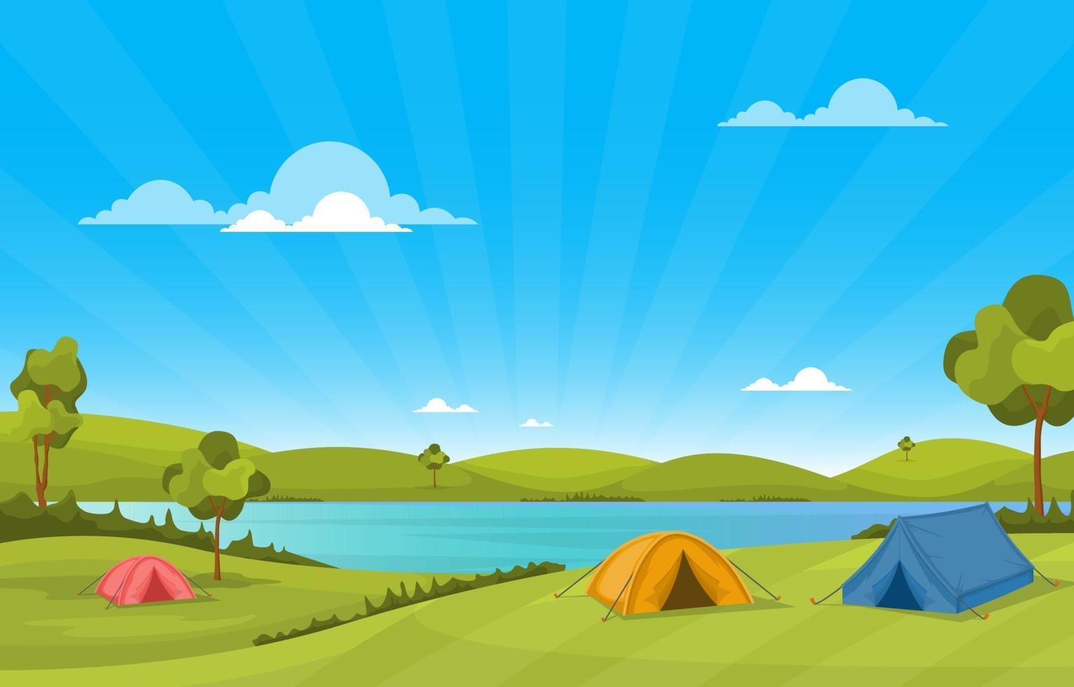 Camping Tents and Campfire By River and Mountains vector