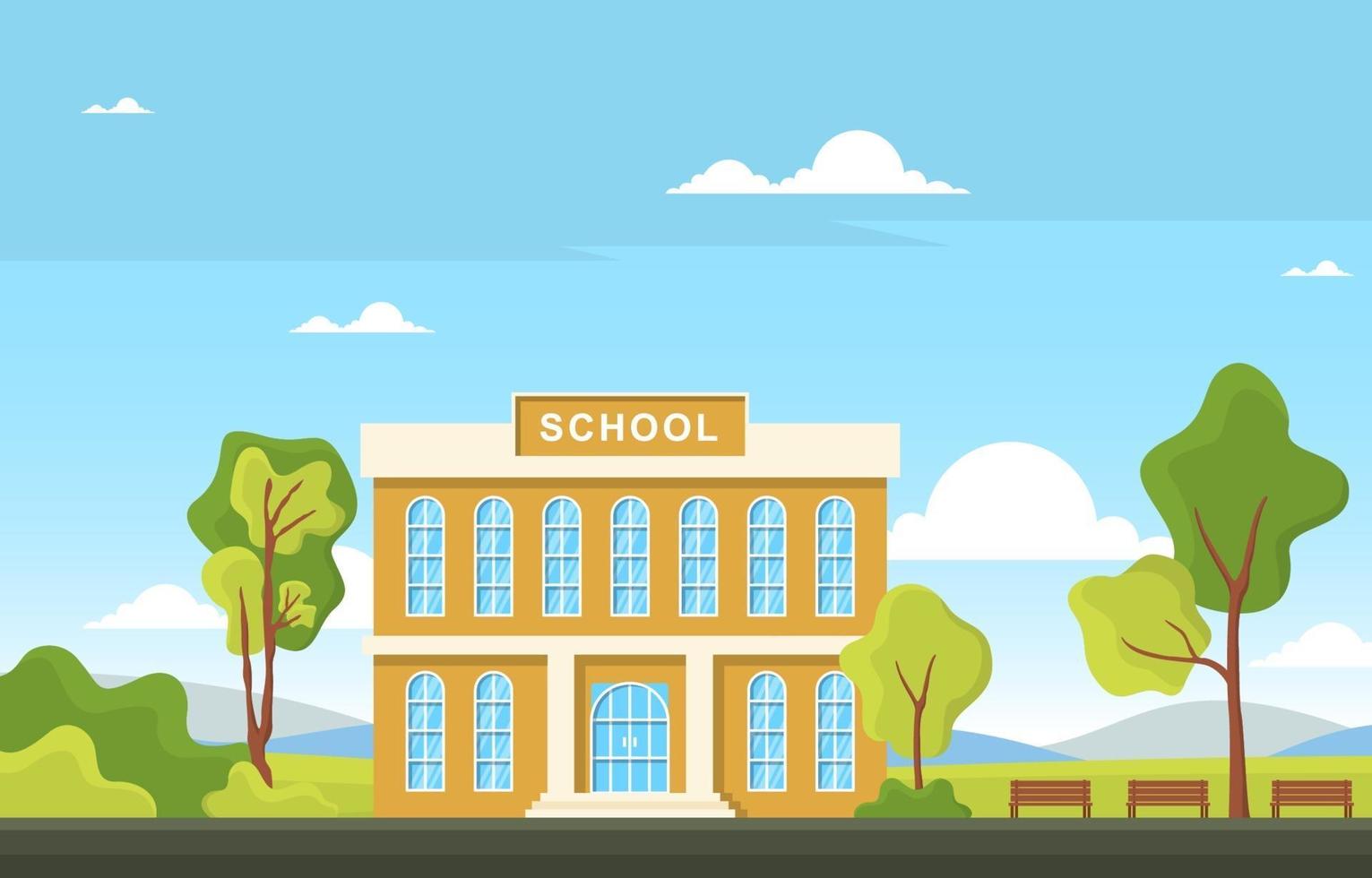 Large School Building with Trees and Benches vector