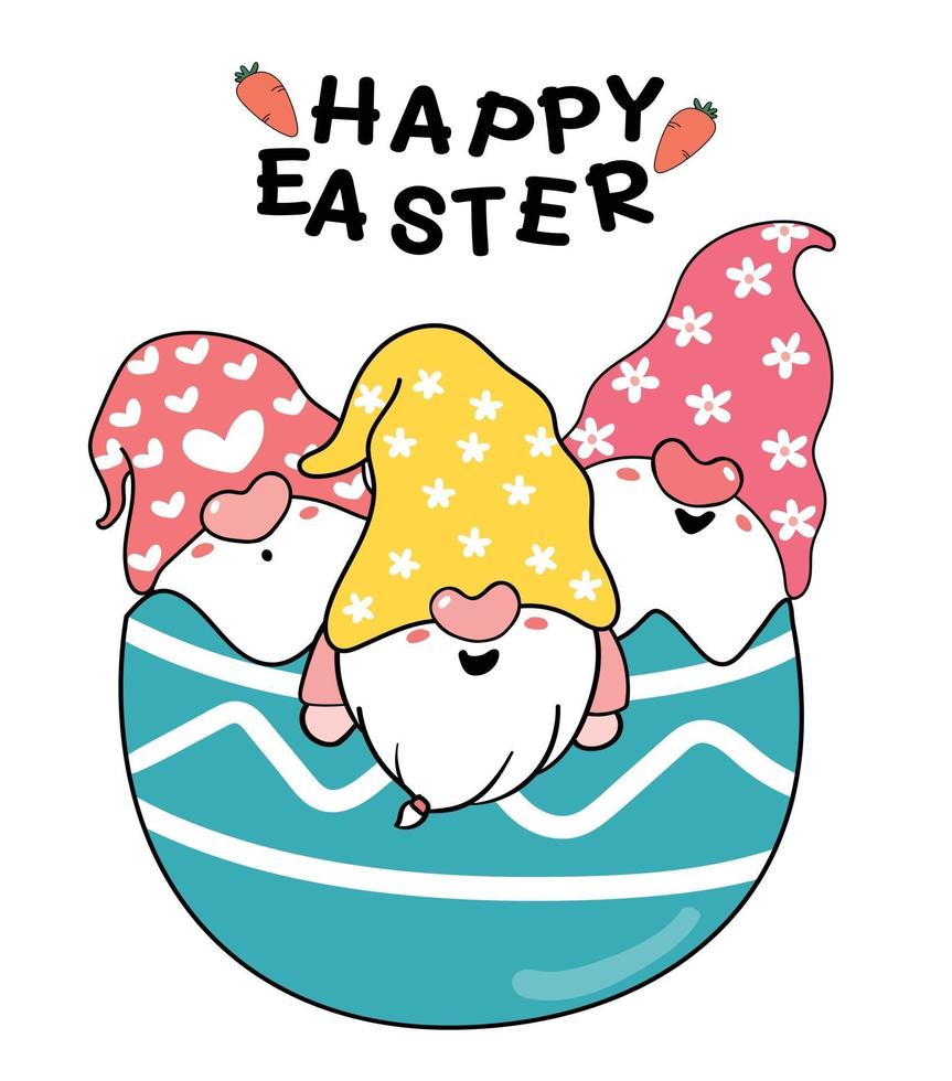 Three Cute Gnomes in broken easter egg, Happy Easter cute cartoon doodle vector pastel