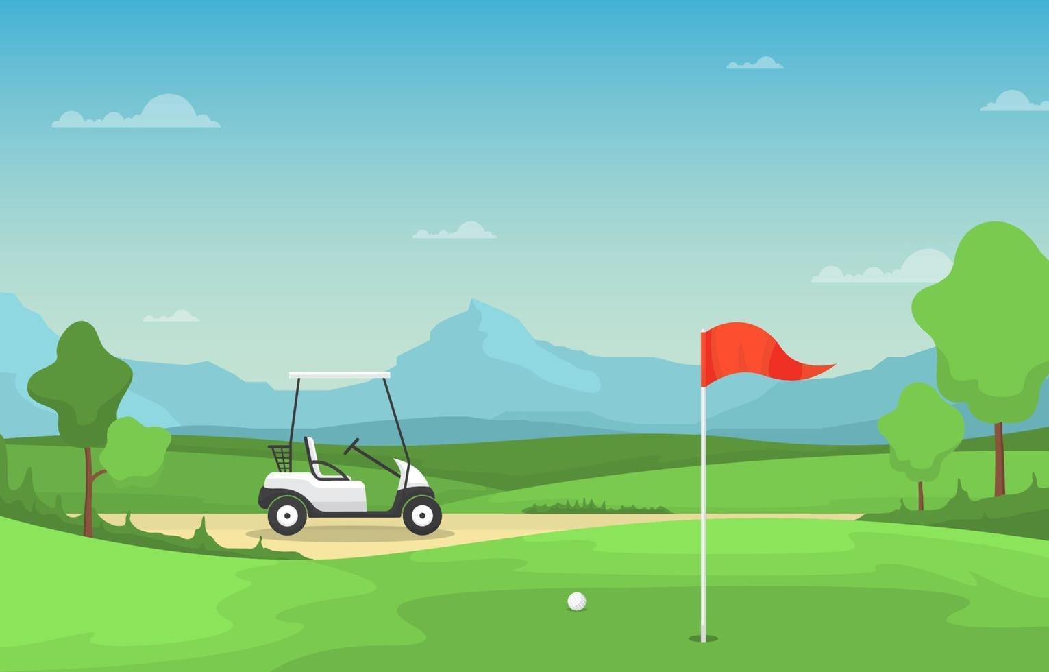 campo de golf con bandera roja, carrito de golf y montañas vector