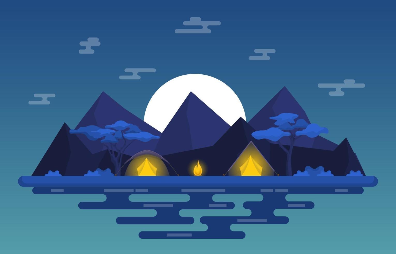 Camping Tents and Campfire in the Mountains at Night vector