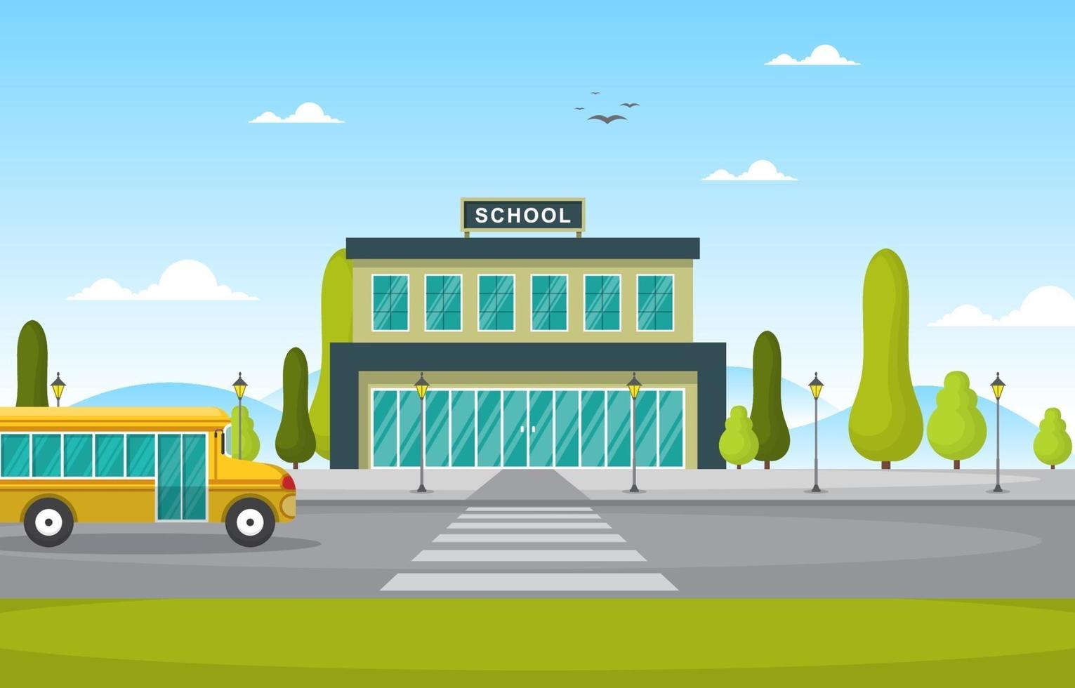 School Building with Yellow School Bus Outside vector