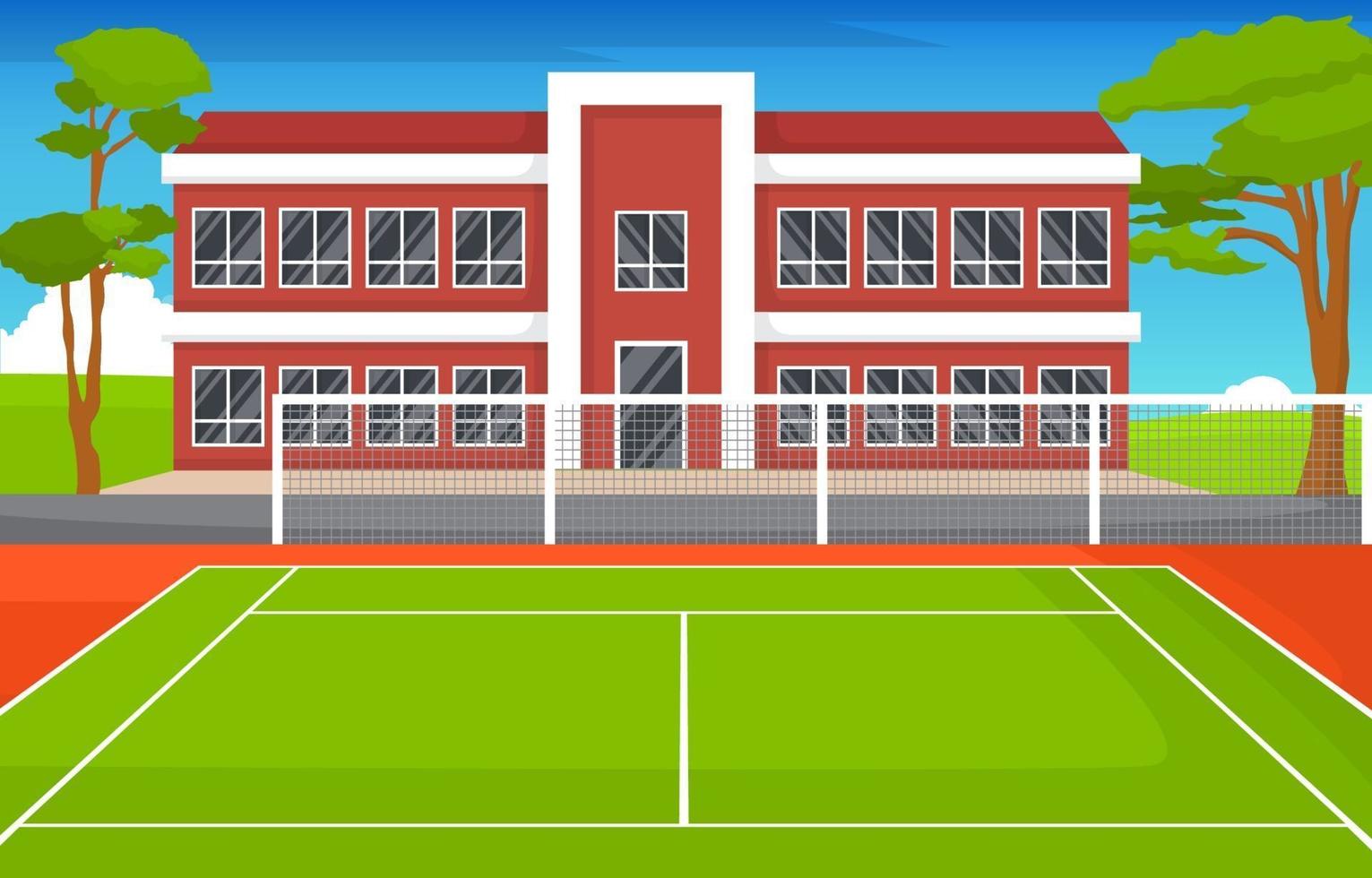 Outdoor Tennis Court Next to School Building vector