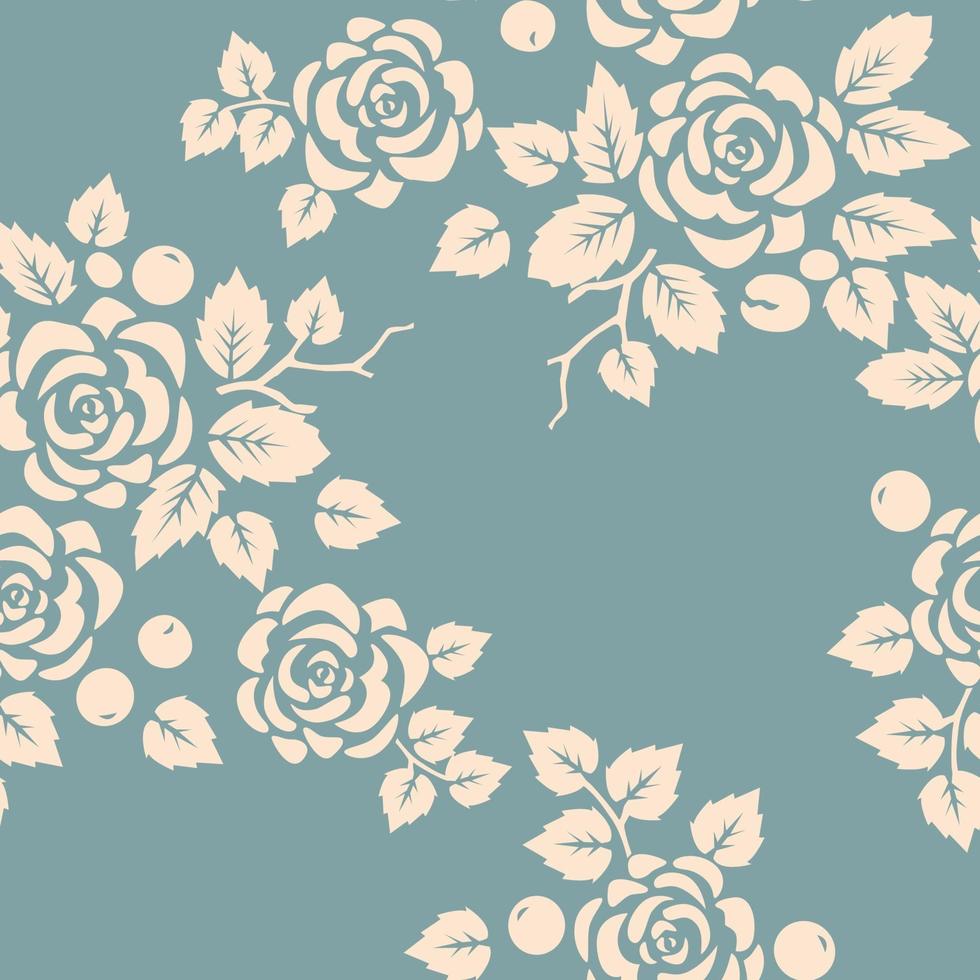 Seamless pattern of roses and leaves on blue background. Vector illustration.