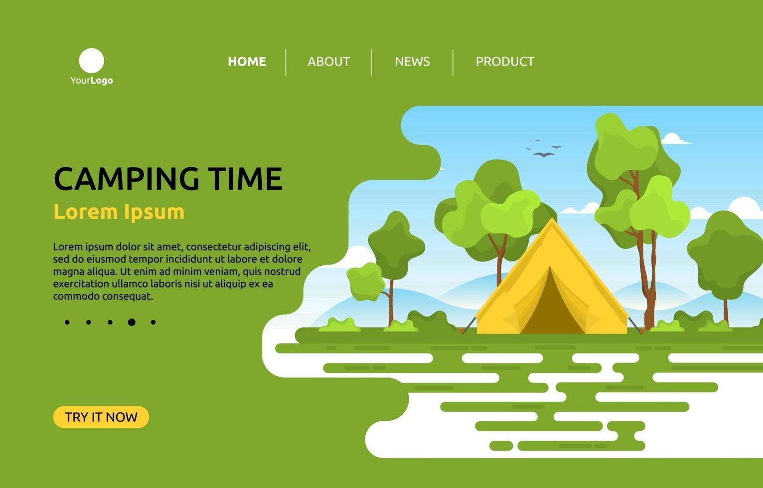 Landing Page Template with Camping Tent in the Hills vector