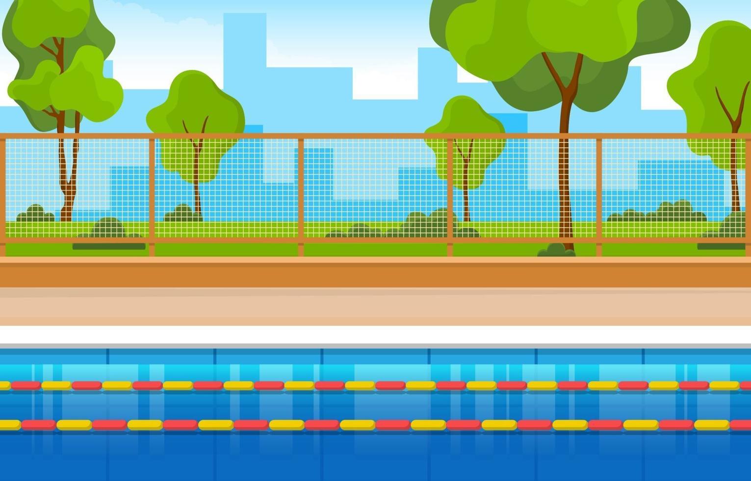 Outdoor Swimming Pool with Fence and Trees vector