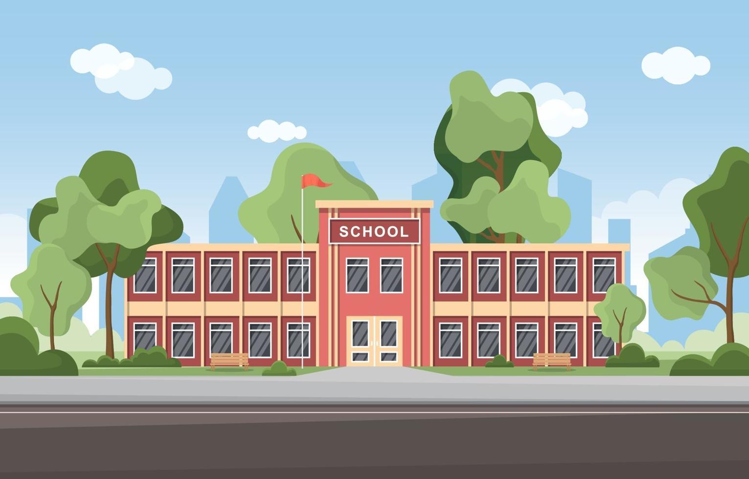 Large School Building with Trees and Flag vector