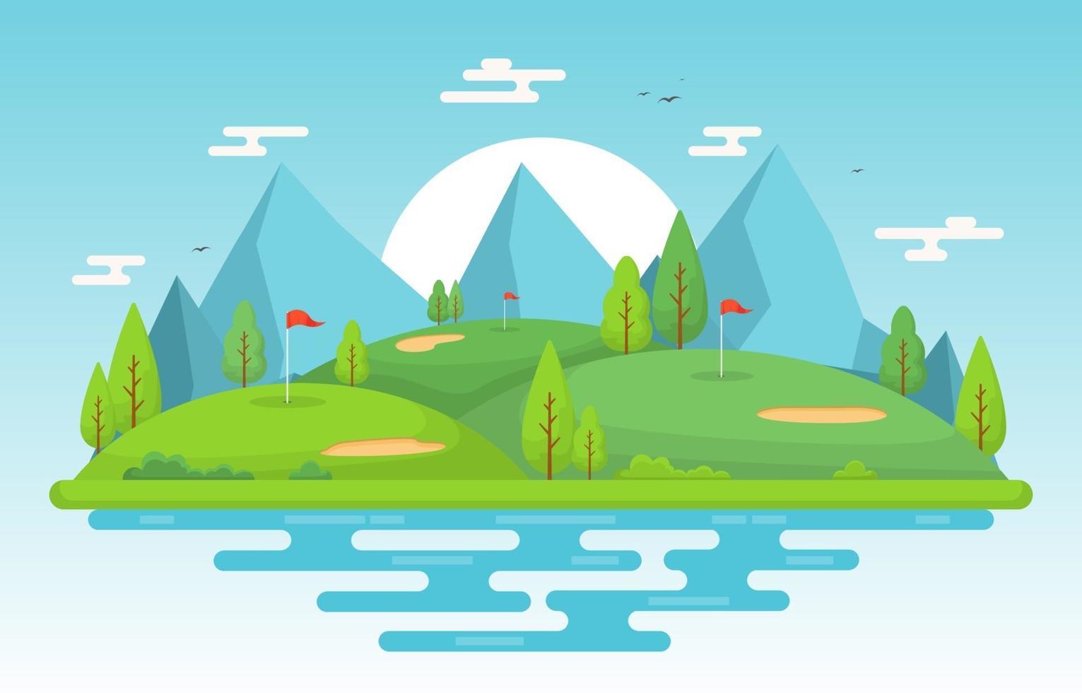 campo de golf con bandera roja, estanque y árboles vector