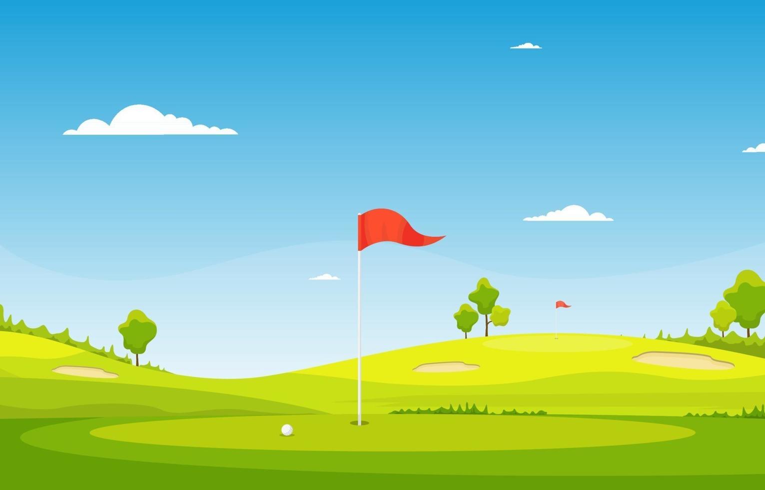 campo de golf con bandera roja, árboles y trampas de arena vector