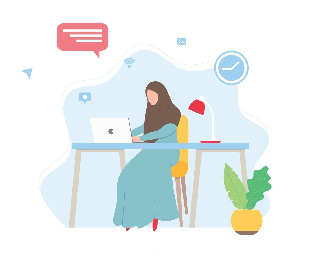 Muslim woman with hijab working on a laptop vector