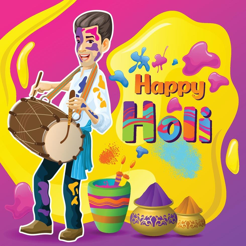 Holi greetings with happy drummer vector