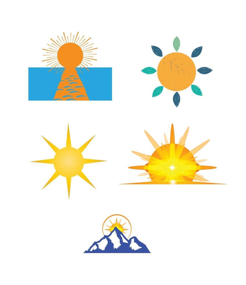 Conjunto de cinco iconos de sol aislado sobre fondo blanco. vector