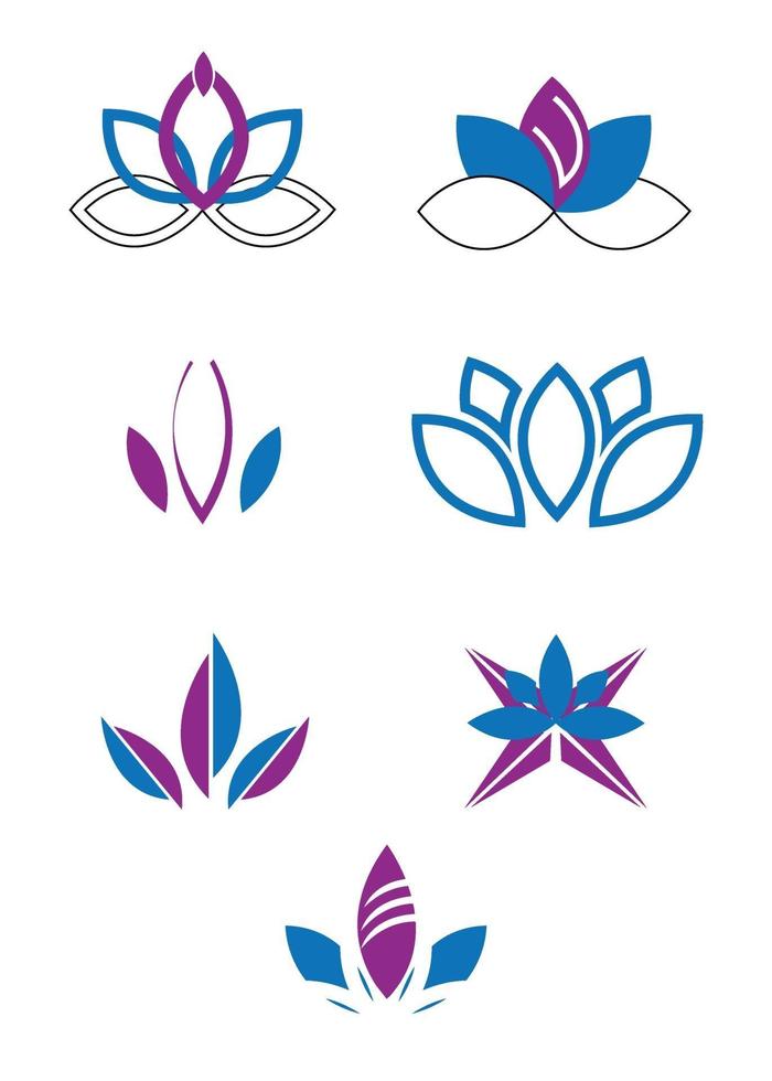 Conjunto de siete iconos creativos de flor de loto de yoga aislado sobre fondo blanco. vector