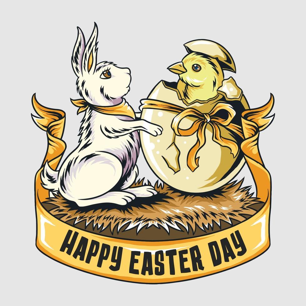 Easter bunny and cute chicks come out of the egg vector