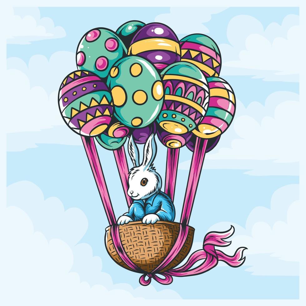 Easter bunny in basket with flying balloon eggs vector