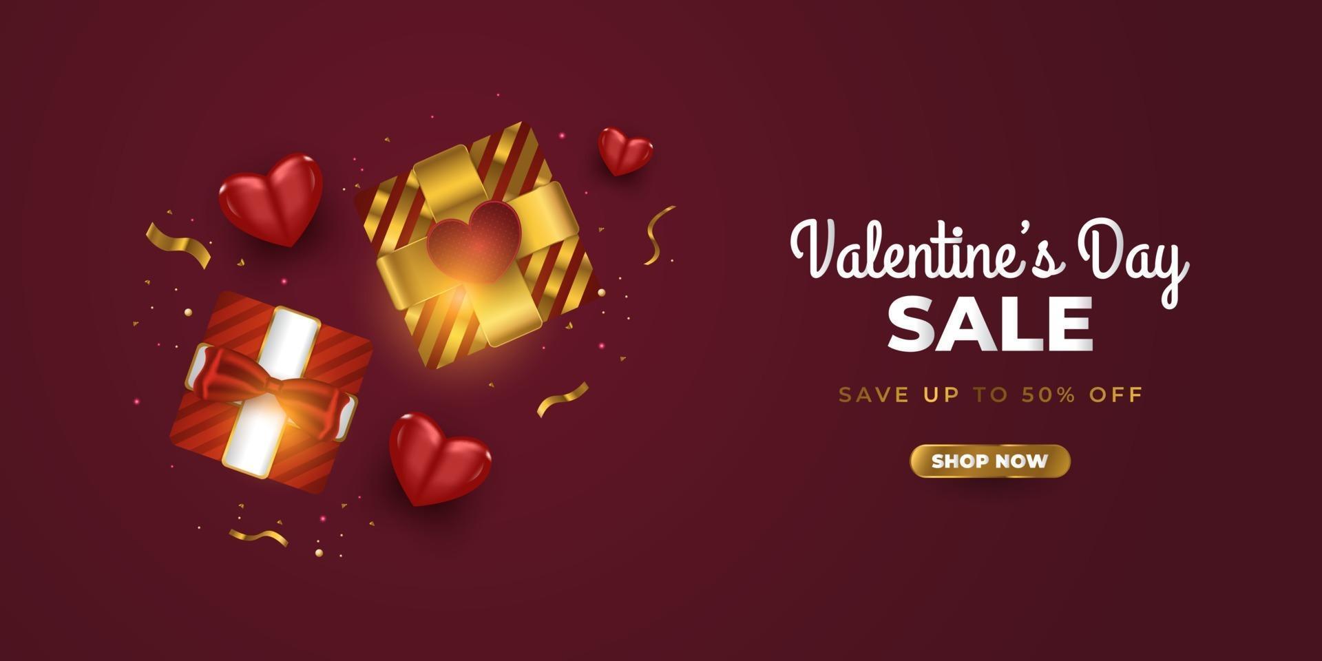 Banner de venta de San Valentín con cajas de regalo realistas, corazones rojos y confeti dorado brillante sobre fondo rojo. promoción y plantilla de compras para la celebración del día de san valentín vector