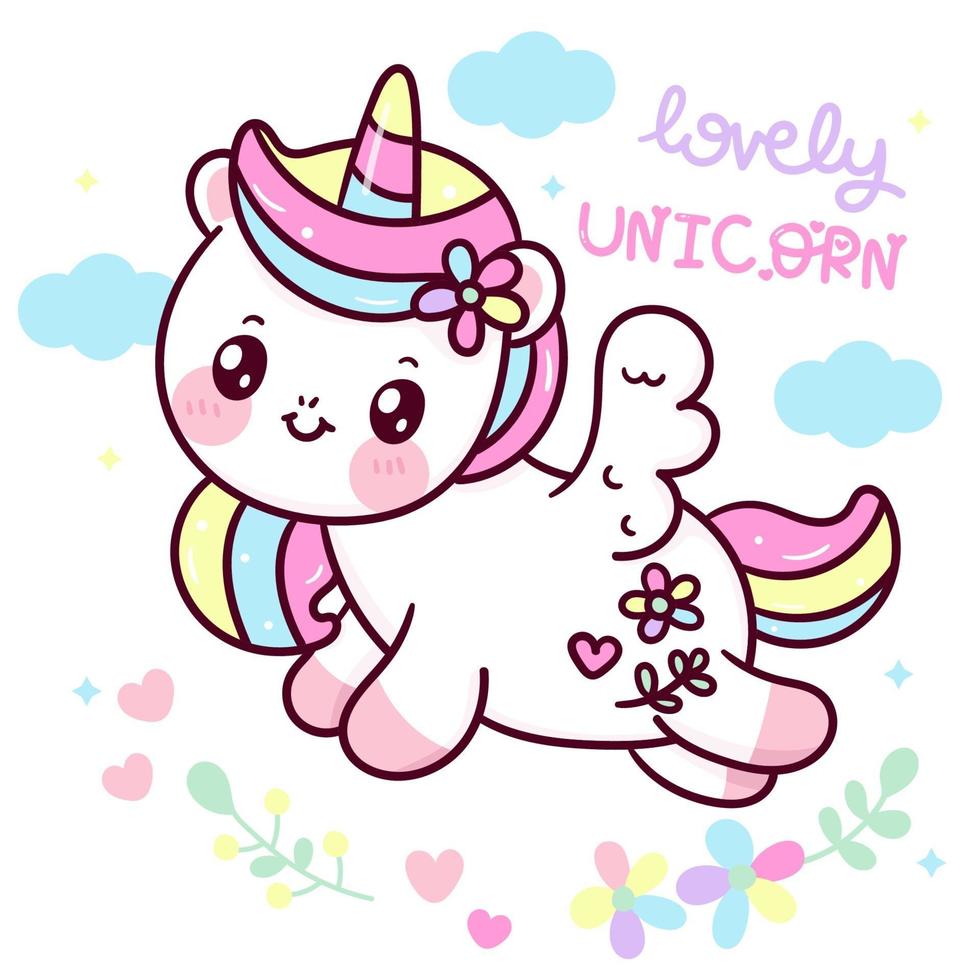 Cute unicorn pegasus cartoon fly in sky over flower kawaii animal vector