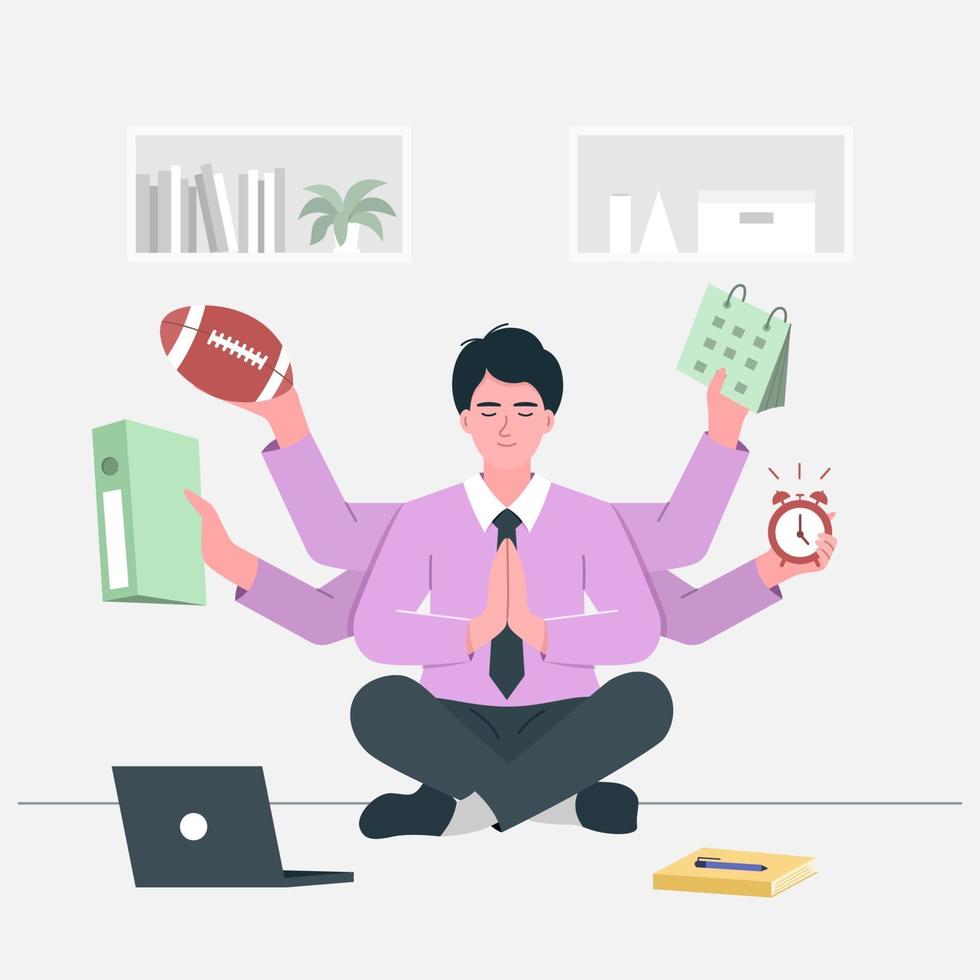 Busy businessman doing yoga meditation on the desk with multitasking and multi skill. vector