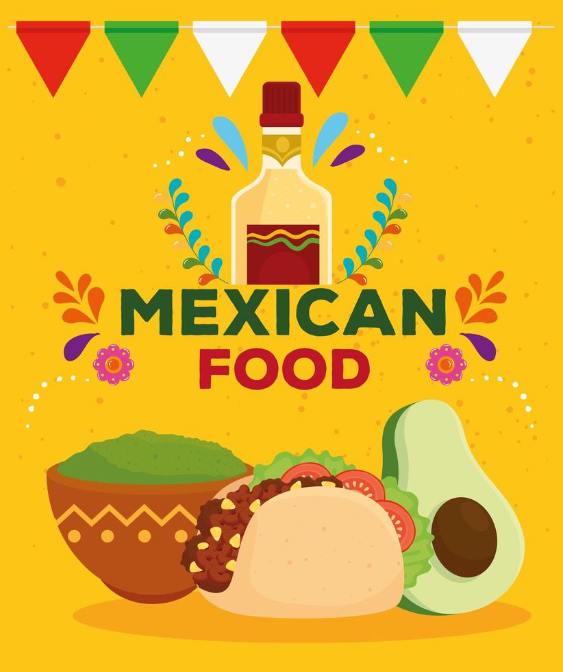 cartel de comida mexicana con botella de tequila, taco, guacamole y aguacate vector