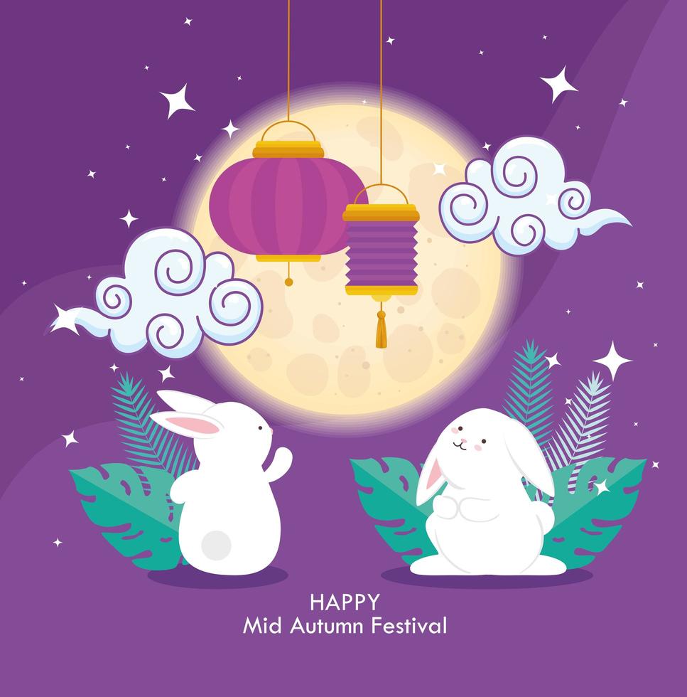 chinese mid autumn festival with rabbits and lanterns hanging vector