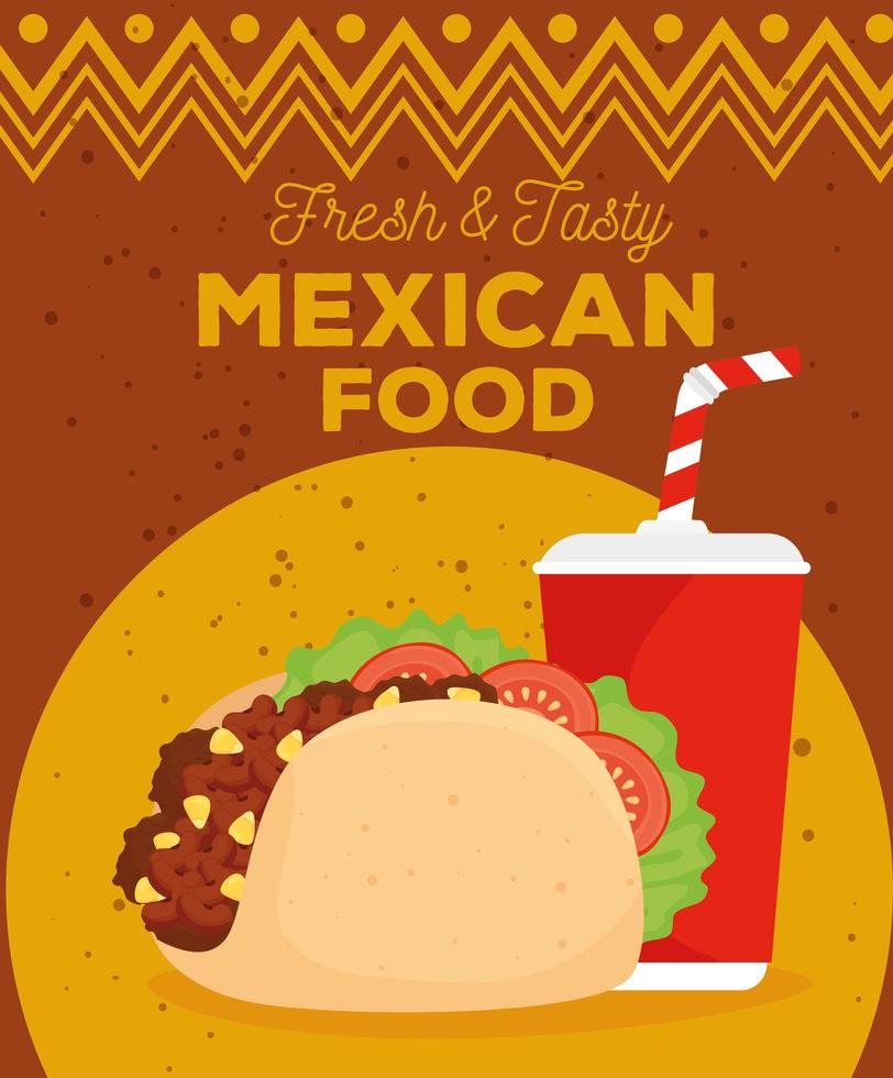 mexican food poster with taco and drink vector