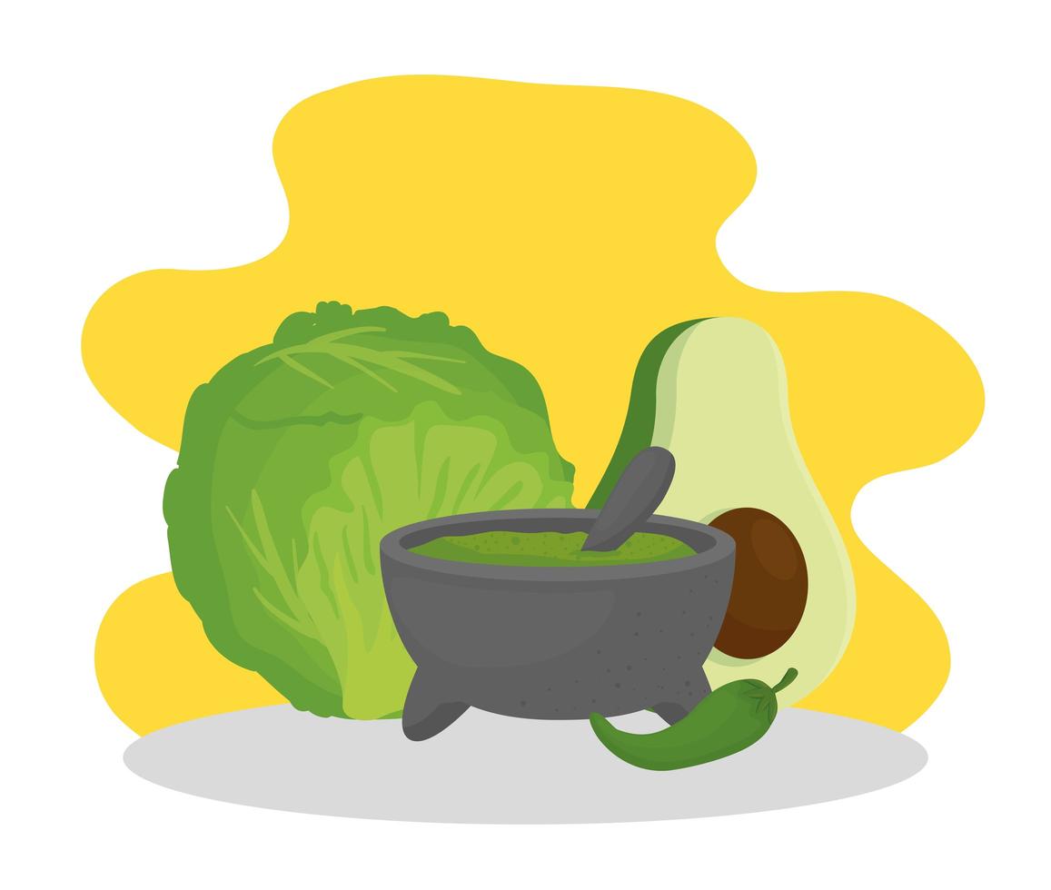 Diseño de alimentos frescos con lechuga, aguacate y guacamole. vector