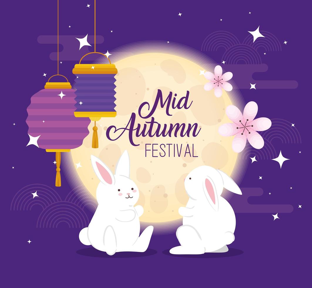 chinese mid autumn festival with rabbits, flowers and lanterns hanging vector