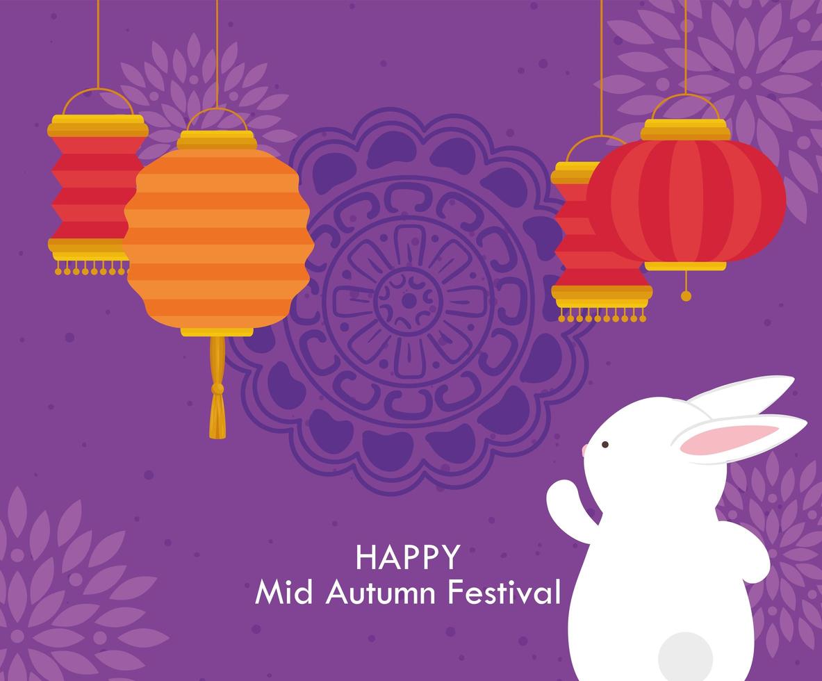 festival chino del medio otoño con conejo y linternas colgando vector